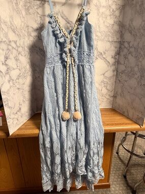 Women’s Light Blue Lace Sundress with Pom Tie